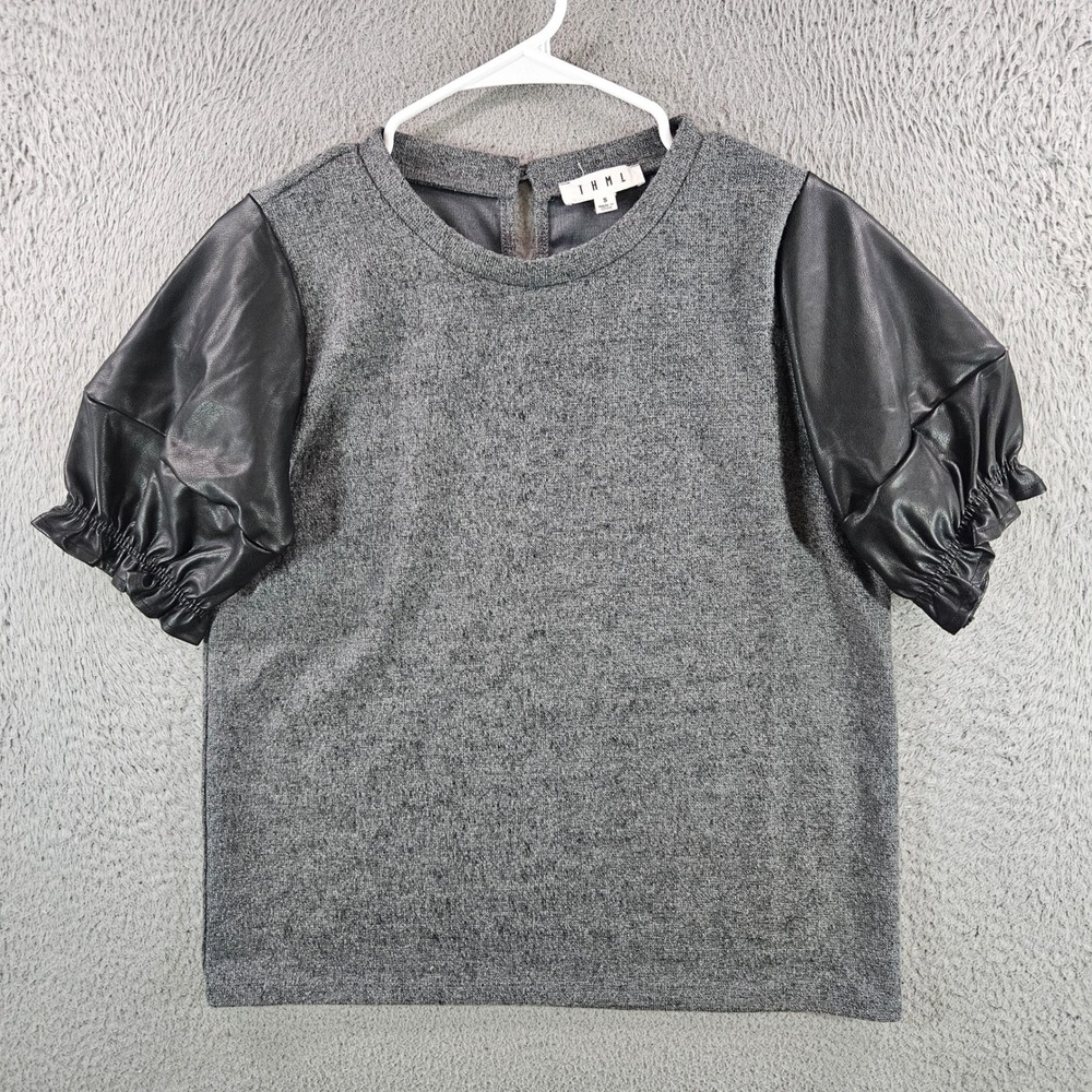 THML Gray Knit Faux Leather Puff Sleeve Top Mixed Media Blouse Small